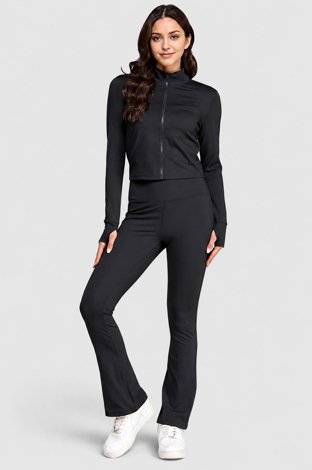 CONJUNTO DE CHAQUETA CON CREMALLERA Y PANTALONES ACAMPANADOS DE TIRO ALTO PARA YOGA Y ENTRENAMIENTO ACTIVO