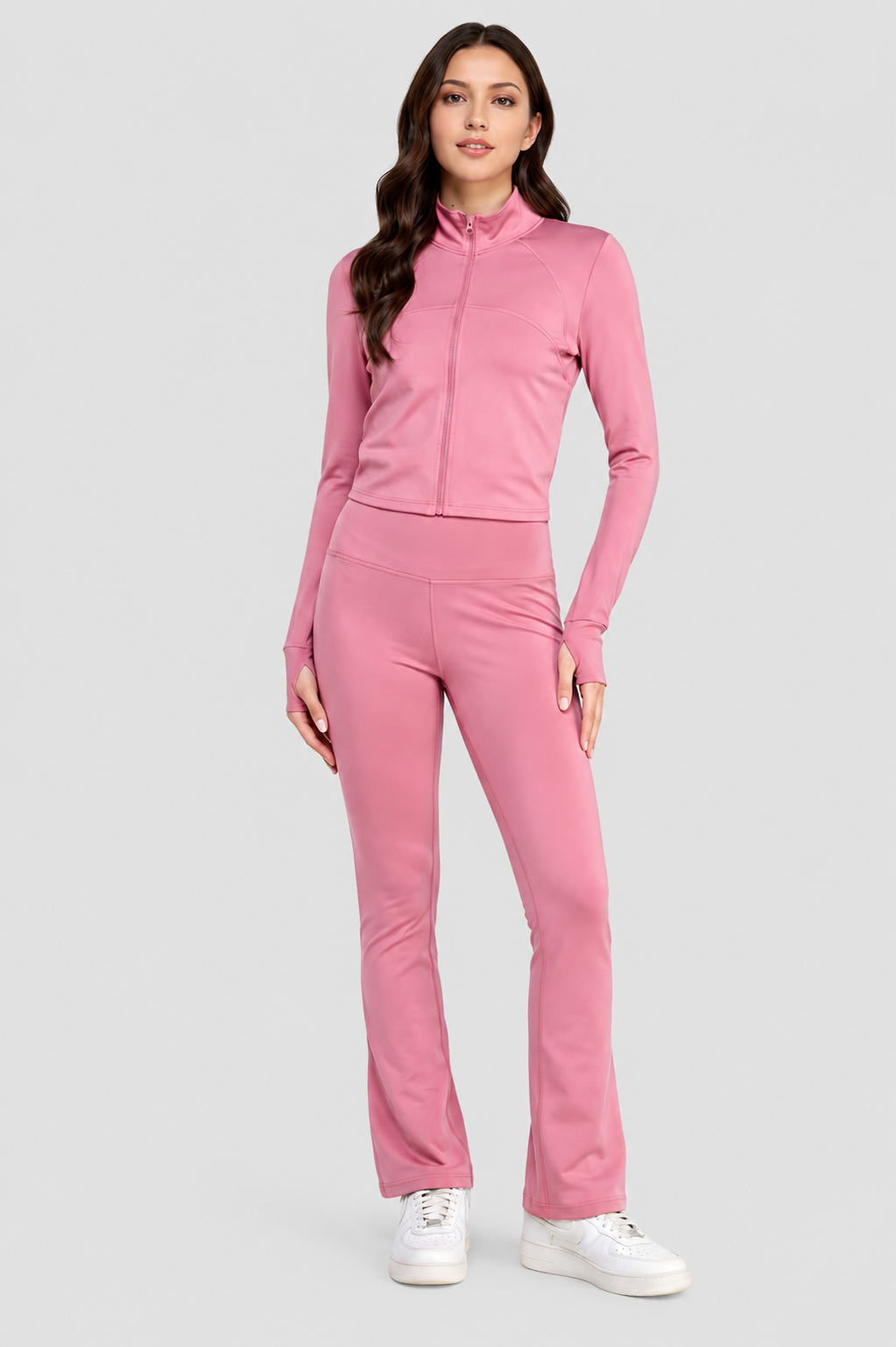 CONJUNTO DE CHAQUETA CON CREMALLERA Y PANTALONES ACAMPANADOS DE TIRO ALTO PARA YOGA Y ENTRENAMIENTO ACTIVO
